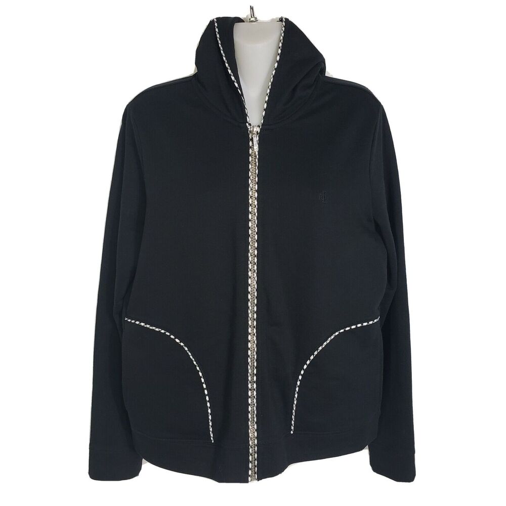 LAUREN Ralph Lauren Jacket Medium Cotton Black Hooded Zip Front Gingham Trim